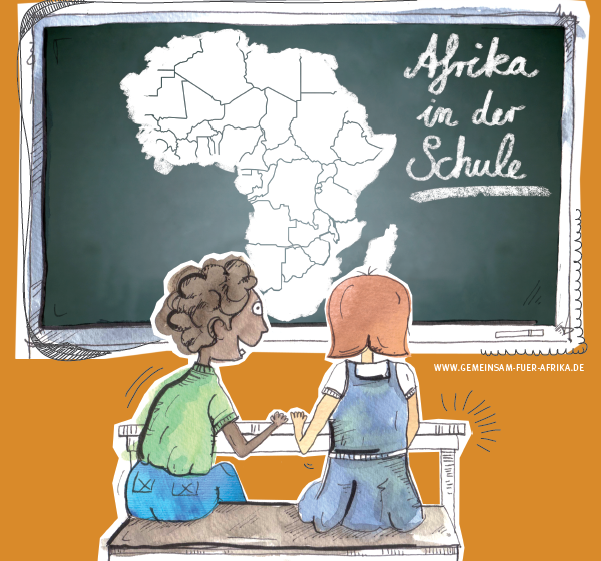 Zeichnung von zwei Schüler*innen vor einer Tafel. Aufschrift 