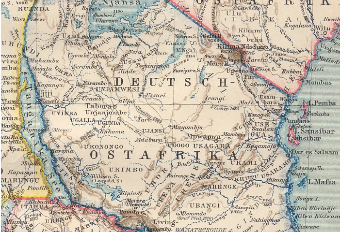 Historische Karte der Kolonie Deutsch-Ostafrika um 1894 mit den damaligen Grenzen des deutschen Kolonialgebiets in Ostafrika. © Brockhaus Atlas (1894), Public Domain, via Wikimedia Commons