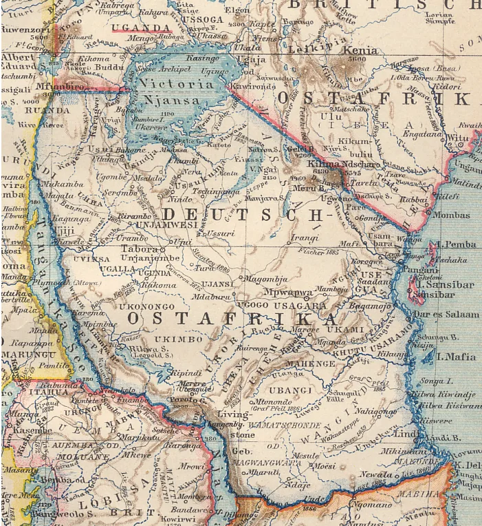 Historische Karte der Kolonie Deutsch-Ostafrika um 1894 mit den damaligen Grenzen des deutschen Kolonialgebiets in Ostafrika. © Brockhaus Atlas (1894), Public Domain, via Wikimedia Commons